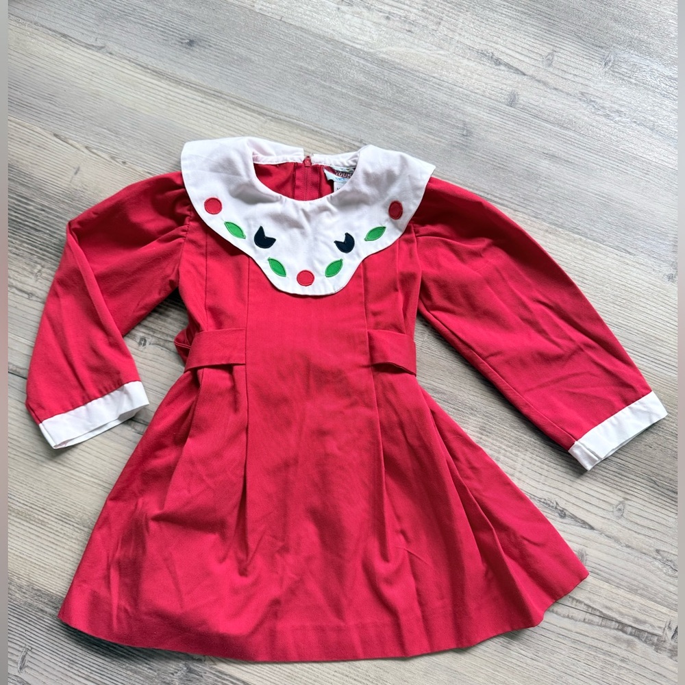 Vintage Young Set Red Smocked Girls Dress Size 4 W/ Tulip Embroidery